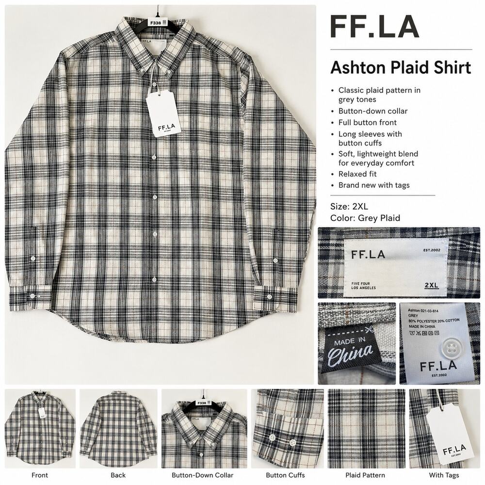 FF.LA Ashton Plaid Button Down Shirt Men's 2XL Gray White Long Sleeve NWT